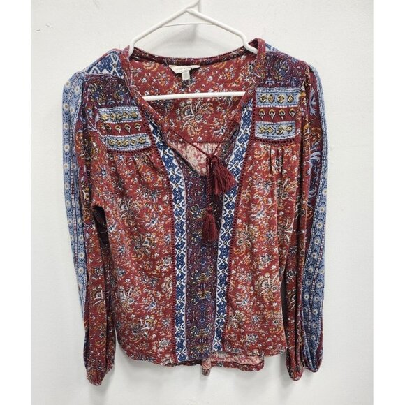 Lucky Brand Tops - Lucky Brand Womens Blouse Small Maroon Blue Tie Neck Beaded Long Sleeve BOHO